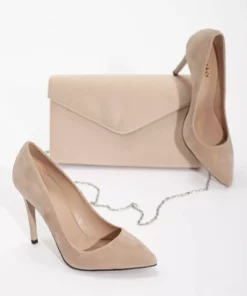ست کیف و پاشنه بلند نازک زنانه با طراحی شیک و جنس سوئید رنگ بژ برند LULO - 788975436