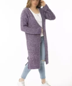 کاردی بزرگ زنانه با رنگ بنفش، با یقه برش و آستینهای ضخیم، هردک بلند 65N37166 برند Şans - 772143578