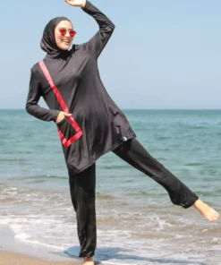 ماهی‌گیر کامل حجاب چهار تکه با جزئیات نوار سیاه و قرمز مدل M2109 برند Marina - 132253595