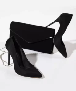 ست کیف و کفش زنانه شیک و راحت با طراحی زنانه و پاشنه 10 سانتی‌متری از جنس چرم مصنوعی، در رنگ مشکی سوئدی برند LULO - 784306492