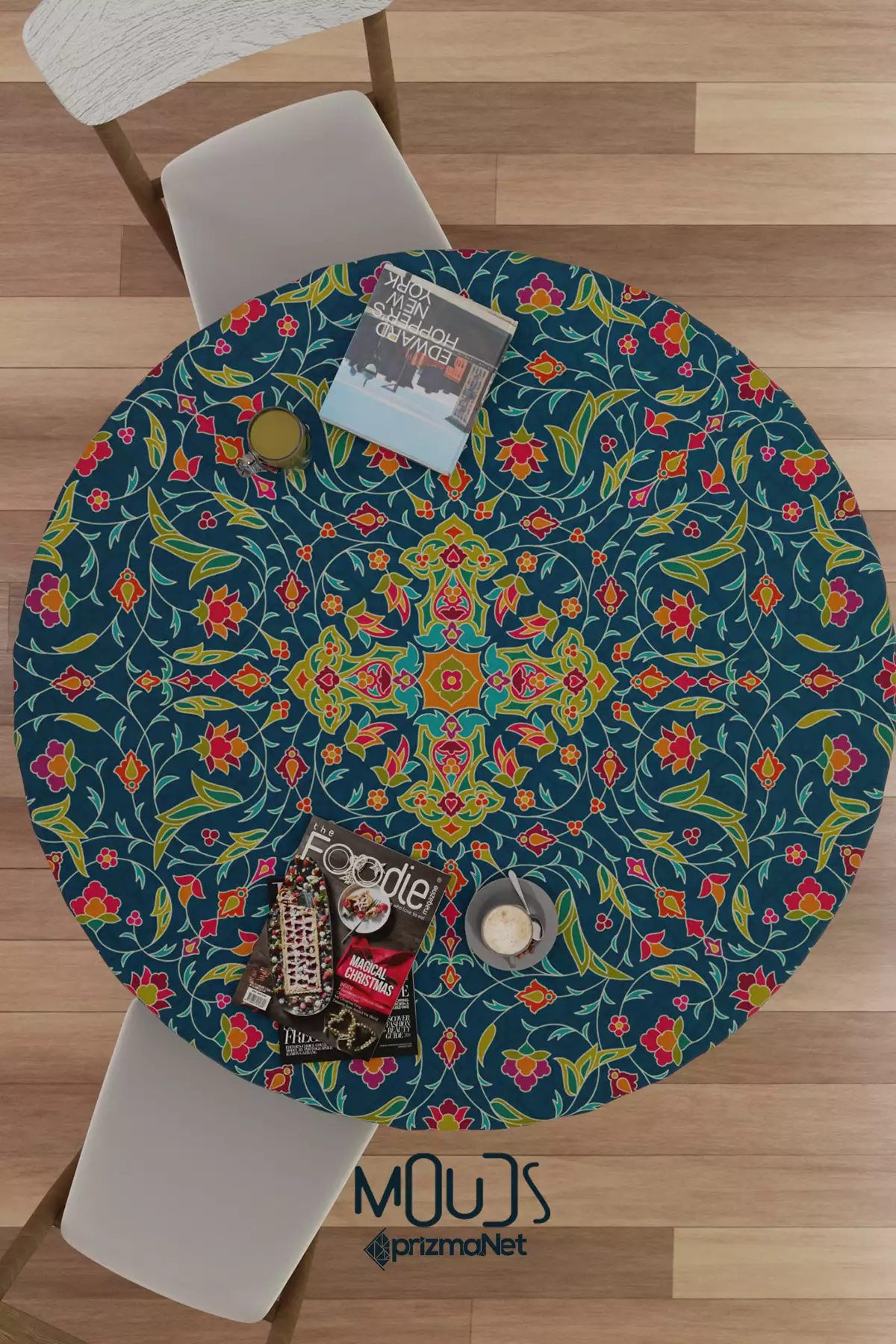 روکش میز گرد بدون نگرانی با طرح شاخههای گل رمضان از پارچه جیر برند Moud's - 808953974