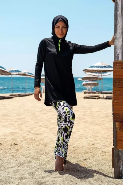 مایو تمام‌دست کامل پوشیده مشکی طرح‌دار ۴ تکه ریوعمرا R1116 برند Marina - 737495085