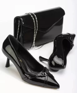 ست کیف و کفش زنانه 7 سانتی‌متری استیلتو مشکی براق برند MFT AYAKKABI - 876714039