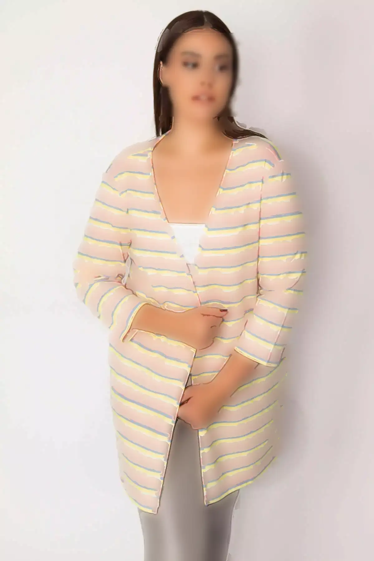 ژاکت راهراه صورتی بزرگ سایز زنانه از پارچه پنبهای 65n29664 برند Şans - 176245246