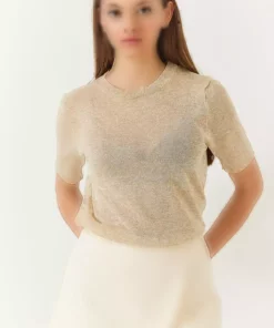 تی‌شرت کوتاه آستین‌دار یقه گرد زنانه با طرح خودجوش براق 60261443 برند Bianco Lucci - 900554730