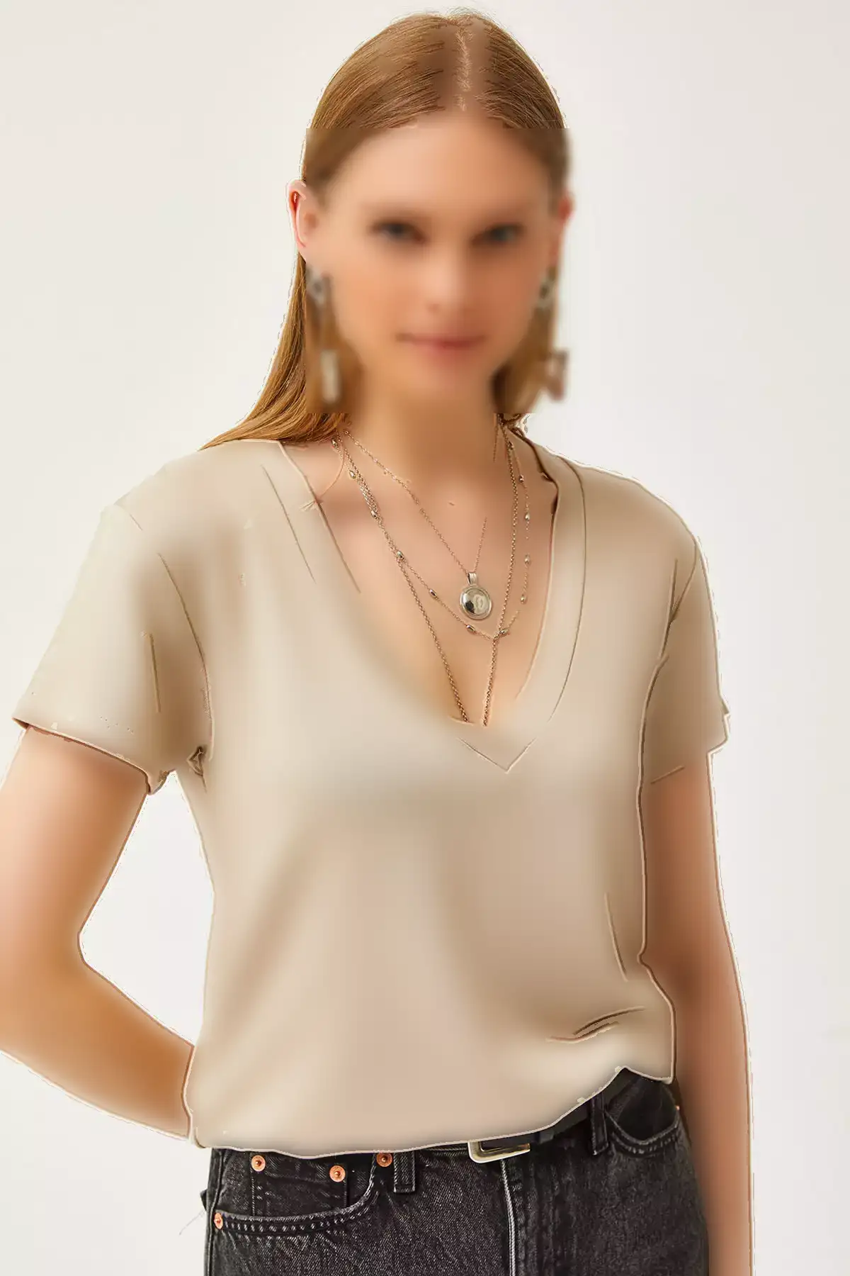 تیشرت دخترانه با یقه V عمیق و رنگ بژ مدل مودال TSH-19000773 برند Olalook - 818100707