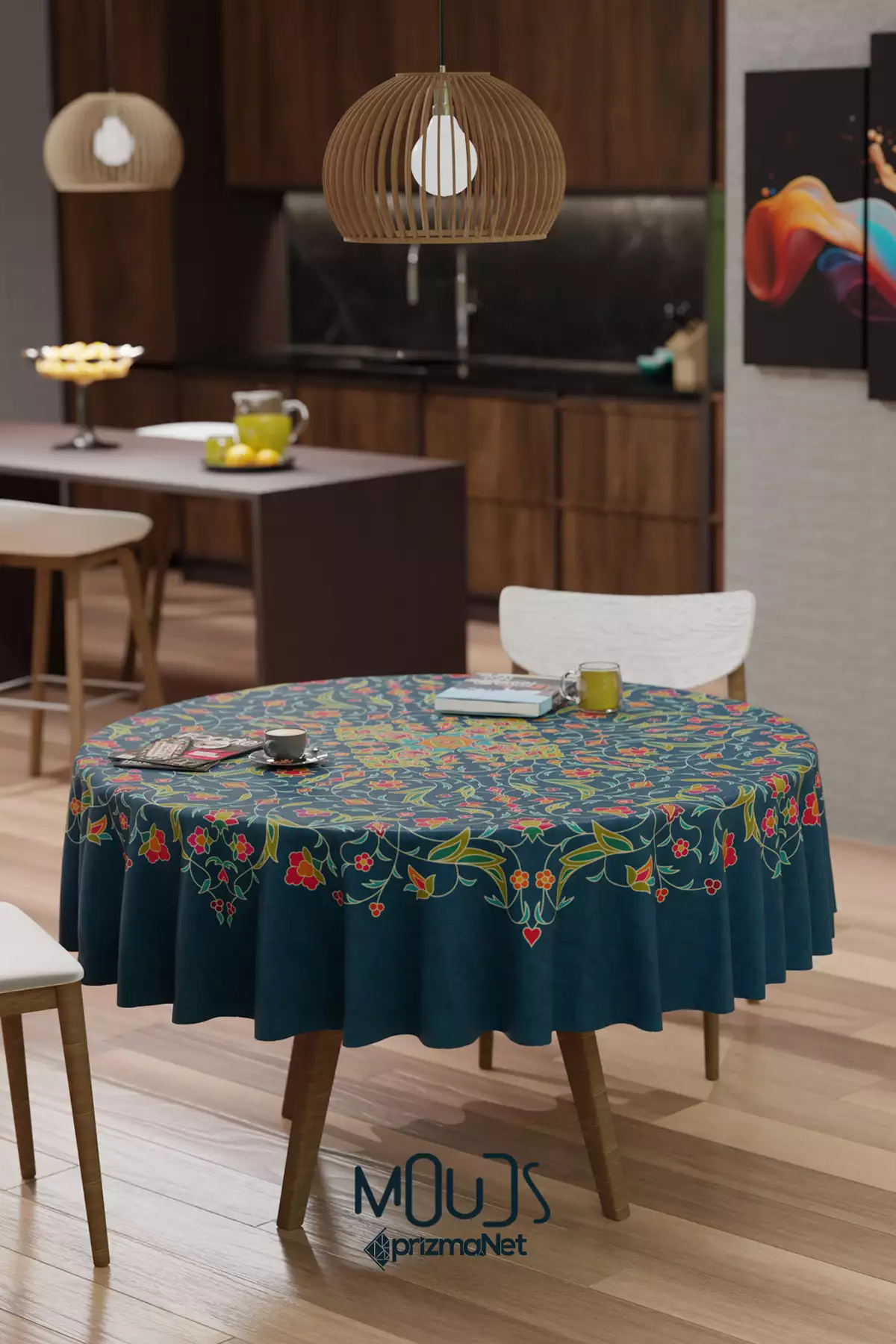 روکش میز گرد بدون نگرانی با طرح شاخههای گل رمضان از پارچه جیر برند Moud's - 808953974