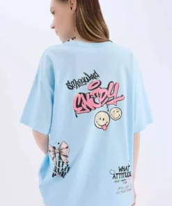 تی‌شرت کوتاه‌ آستین با یقه گرد و طرح چاپی بر روی پشت - مدل کول اسمایل وورد، طراحی بزرگ و گشاد - کد D9122ax25sm برند Defacto - 921525133