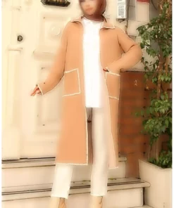 ژاکت کشبافت بلند با جیب‌های بزرگ و جزئیات زیگزاگ 24405-02 رنگ قهوه‌ای شیری برند sefamerve - 920774616