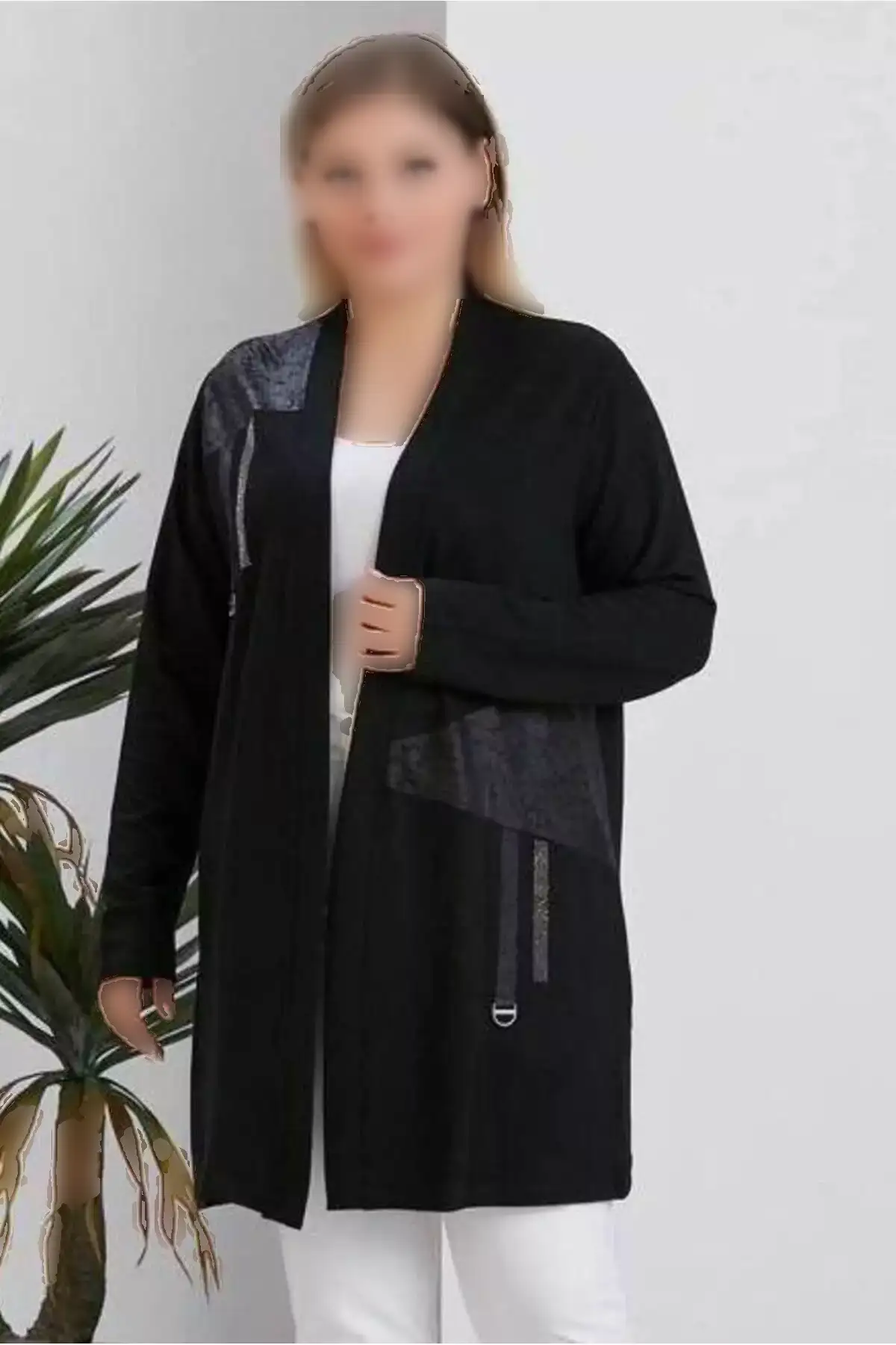 کارتن زنانه بزرگ اندازه با طرح بلوک و جزئیات اکسسوری، جلو باز، میدی بافت، کشی از ویسکوز برند FOR ESRA BIG TREND - 869068846