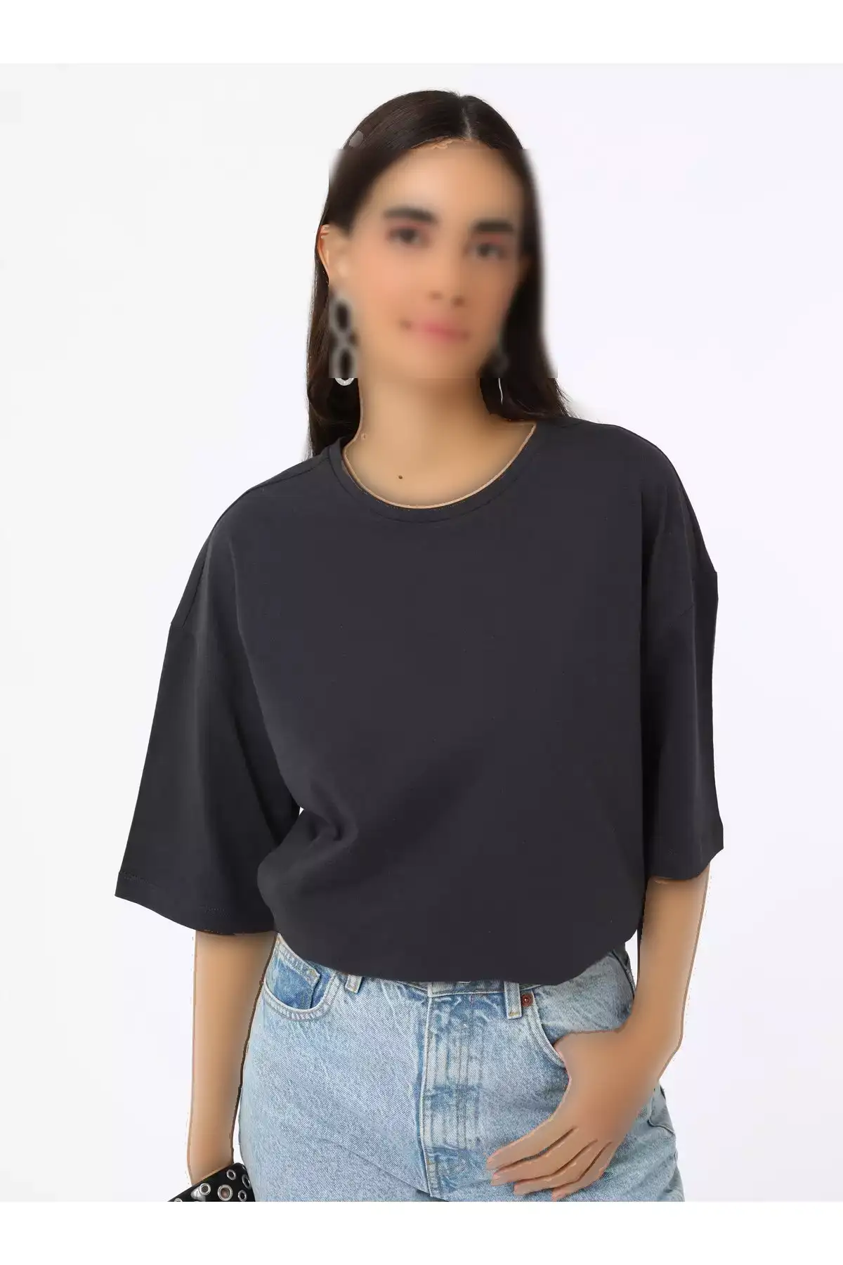 تیشرت زنانه آستین افتاده با یقه بیسیک - آنترسیت - رفکا برند Refka - 942587028