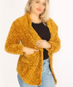کاردی بزرگ سایز زنانه، ژاکت پشمی ضخیم با جیب زعفرانی 65n34602 برند Şans - 359212328