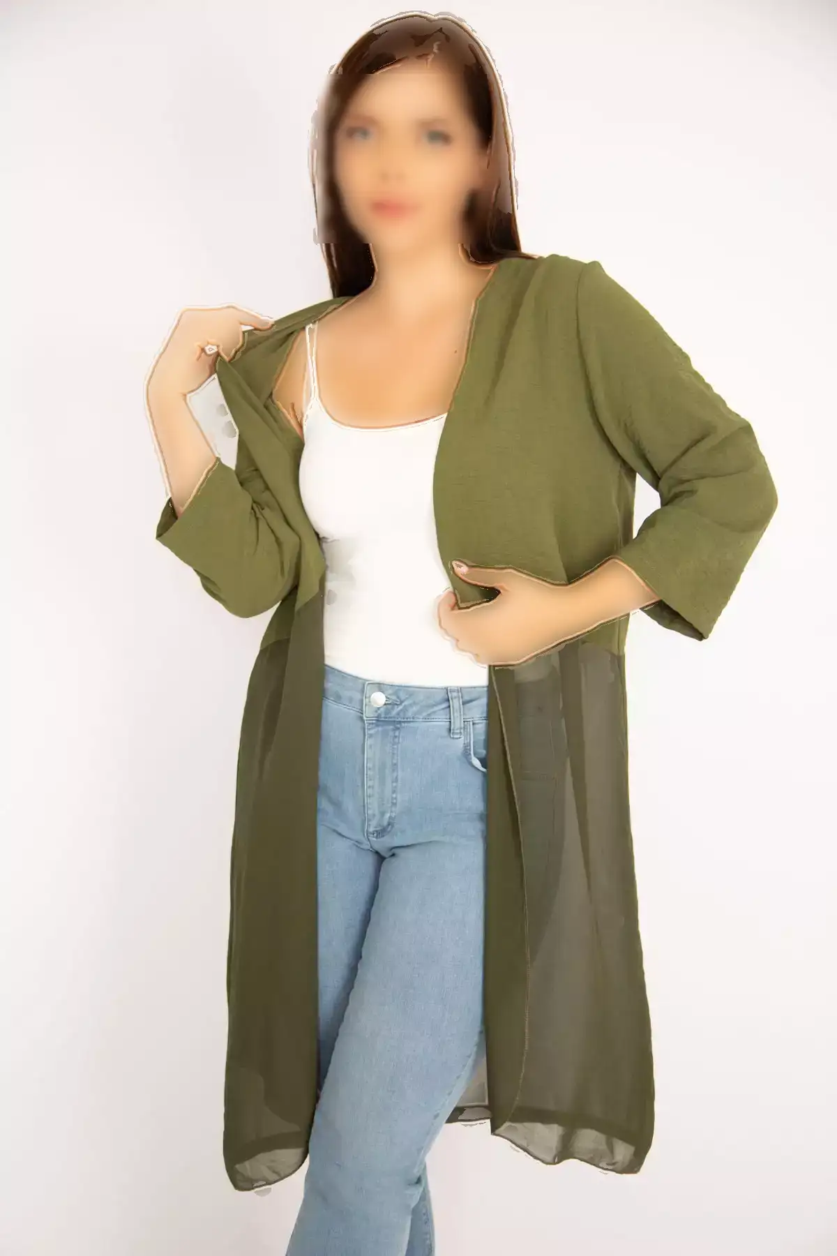 کاپشن شيفون سبز ارتشی سایز بزرگ زنانه 65n34879 برند Şans - 368935029