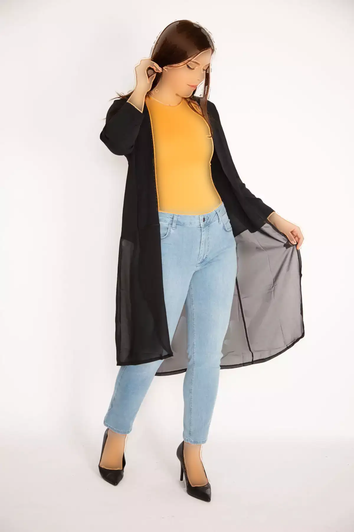 کاردی بزرگ سایز زنانه هفتلنگ مشکی با پایین شيفون 65n34879 برند Şans - 368936412