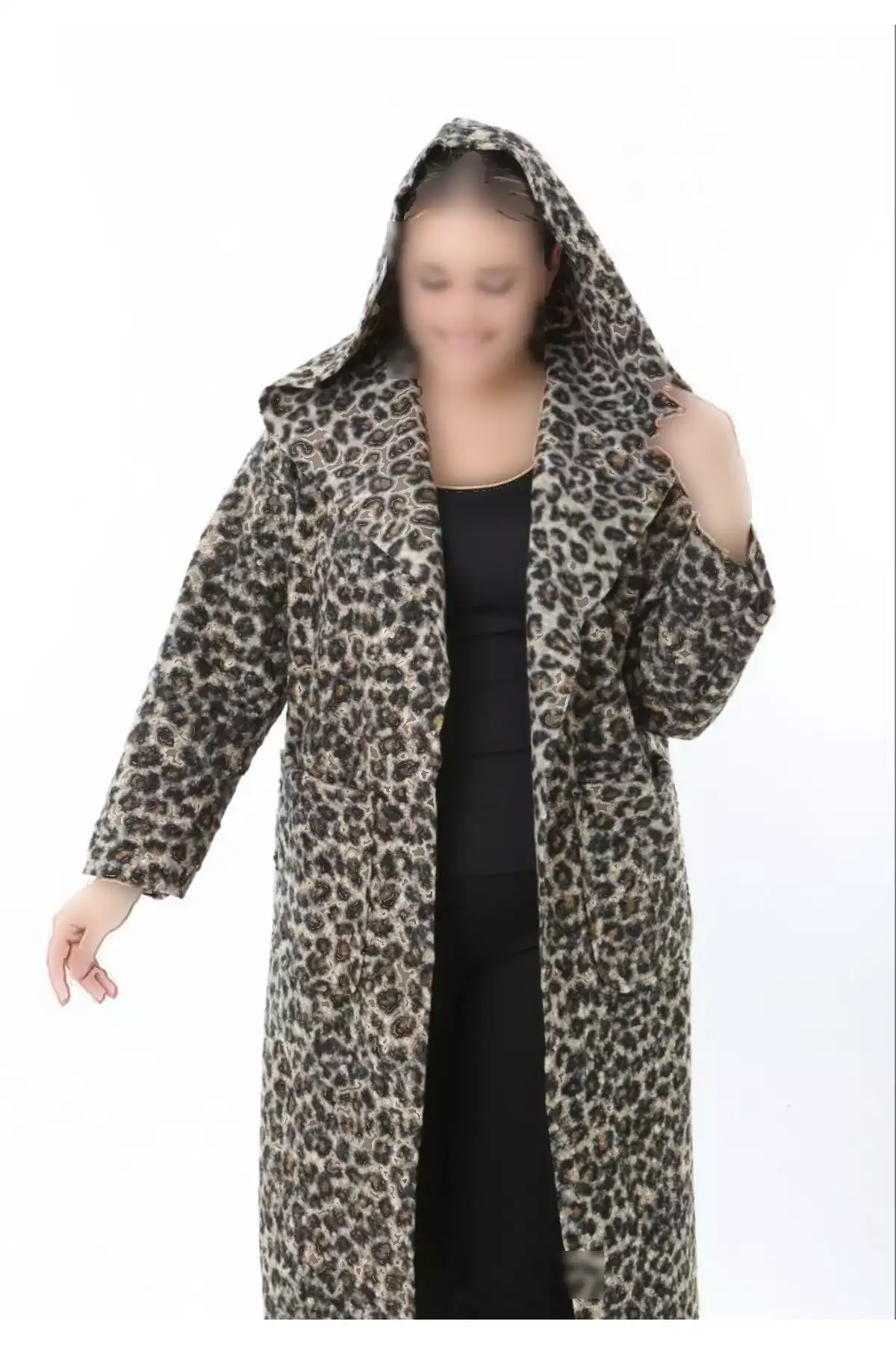 کاپشن زنانه بزرگ سایز با کلاه و یقه گرد، طرح دکمهدار و بافت دار 25055 برند Butik Nilyam - 1044837340